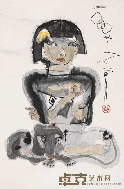 石 虎 2000年作 女人与狗 镜心 67×45cm
